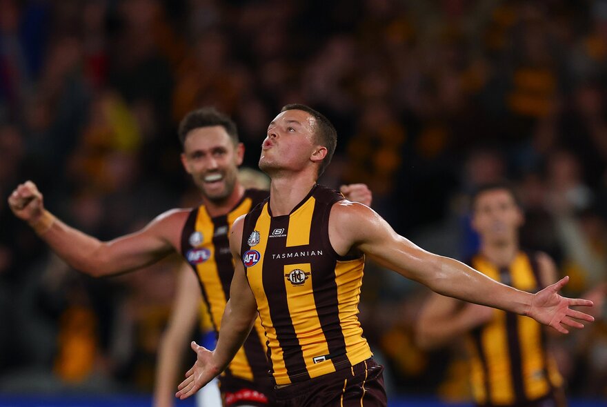 Several Hawthorn AFL players celebrating  on the field.