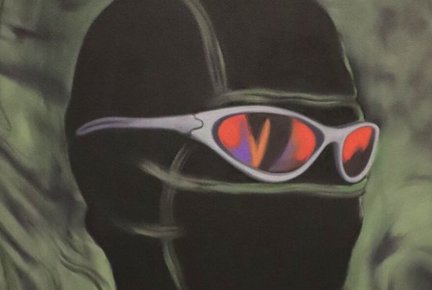 Neorealistic painting of a figure's head wearing a mask and red-lensed glasses.