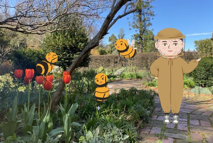 Models of children and bees in Cooks' Cottage garden.