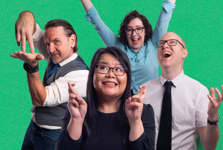 Four impro actors smiling, making faces and holding distinct poses, against a green background.