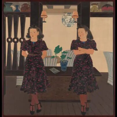 An oil painting depicting two identical women standing side-by-side in a furnished interior room.