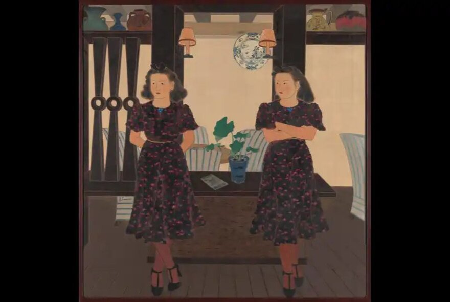 An oil painting depicting two identical women standing side-by-side in a furnished interior room.