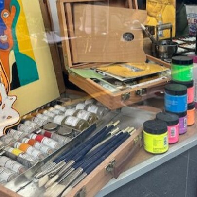 Painting and art supplies for sale in an art supplies shop.