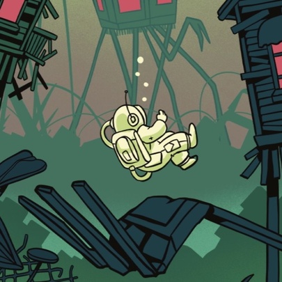 Illustration of a stylized, yellow astronaut floating in mid-air in a surreal green landscape of  wooden houses on stilts and towering, tripod-like structures.