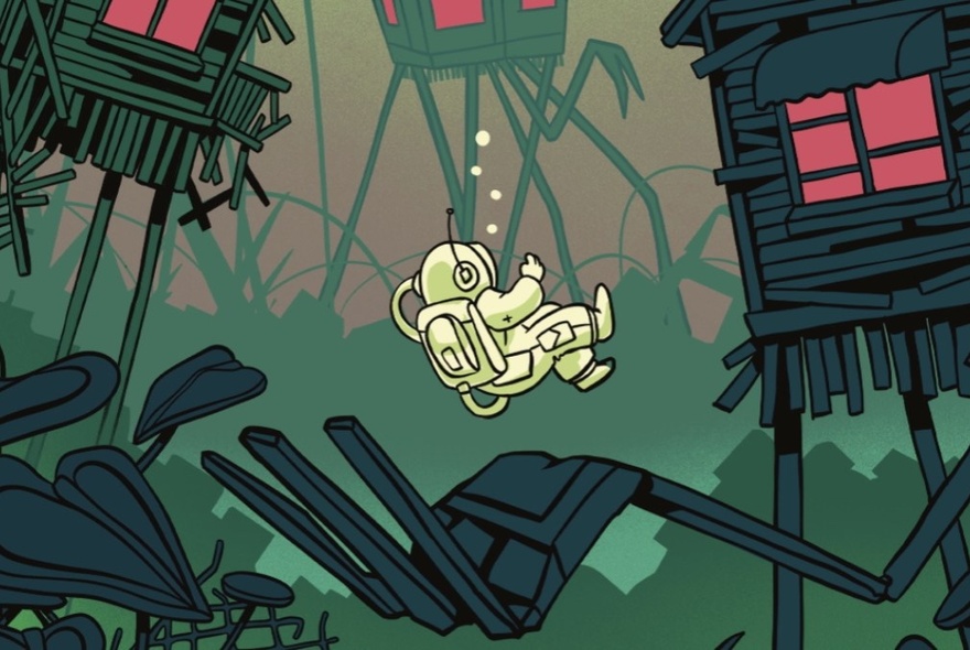 Illustration of a stylized, yellow astronaut floating in mid-air in a surreal green landscape of  wooden houses on stilts and towering, tripod-like structures.