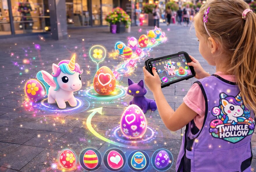 A young girl seen from behind, wearing a purple vest and holding an augmented reality device, standing in front of digital image of a cute unicorn and brightly coloured Easter eggs, that displays as part of an augmented reality game for families.