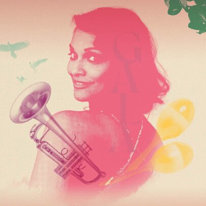 Artwork showing a woman looking over her left shoulder and smiling in rosy tones overlayed with a trumpet and maracas with birds and leaves also in the picture. 