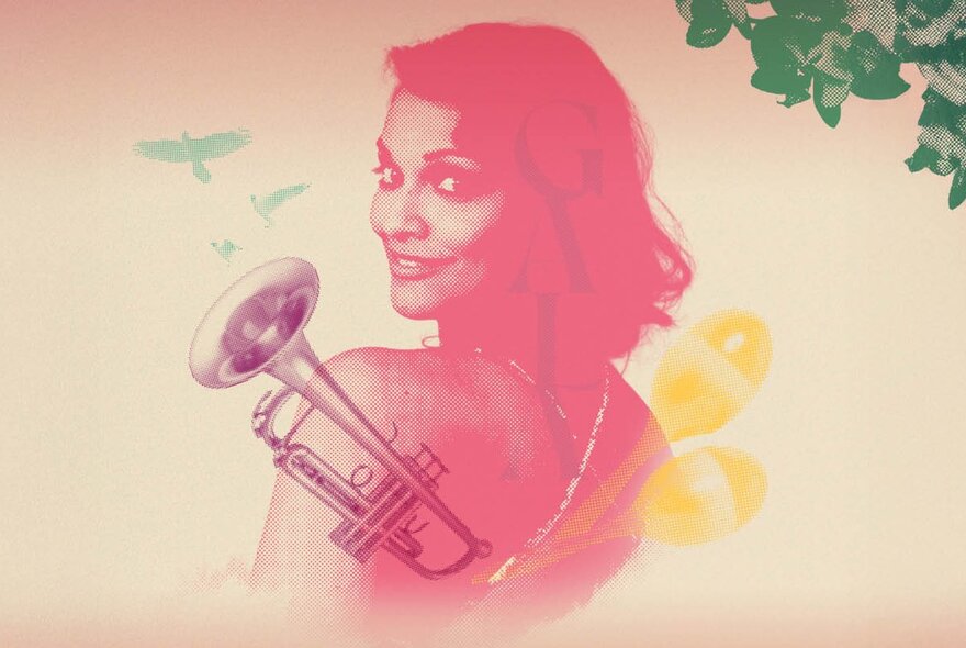 Artwork showing a woman looking over her left shoulder and smiling in rosy tones overlayed with a trumpet and maracas with birds and leaves also in the picture. 