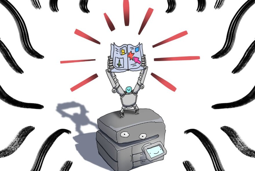 Illustration of a small creature standing astride the top of a photocopier and holding up a zine.