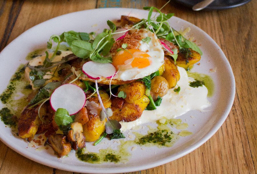 White plate with fried egg, radish, greenery on a bed of orange gnocchi and pesto scattered around the plate.