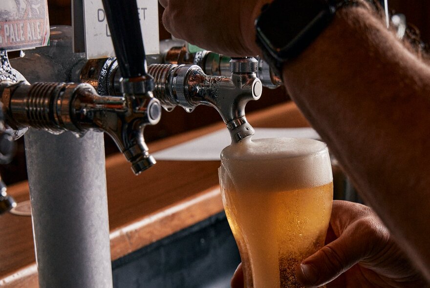 A hand pouring beer from a tap at a bar. 