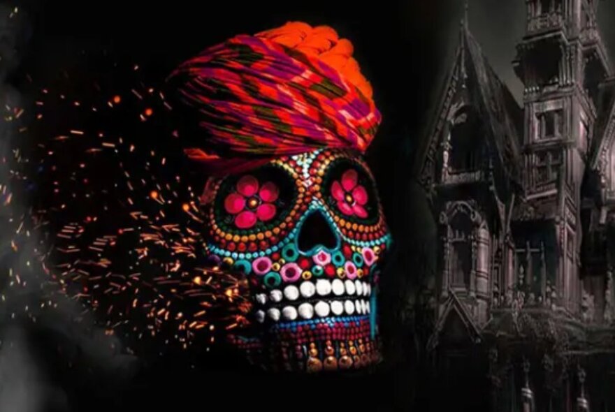 Mexican day of the dead skull illustration with floral details and haunted house in the background.