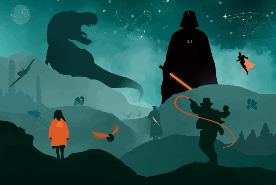 A graphic illustration with key motifs from films that John Williams has composed  music for, including a silhouette of Darth Vader from Star Wars, a dinosaur from Jurassic Park, Indiana Jones from Raiders of the Lost Ark - in shades of green.