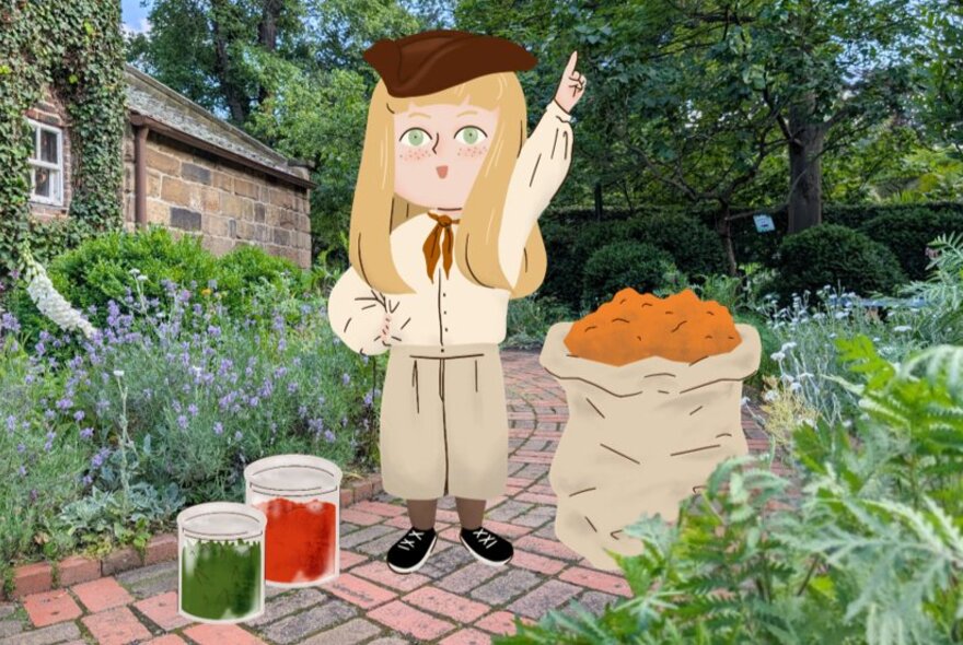 The garden and house at Cooks Cottage in the Fitzroy Gardens with a cartoon image of a young girl drawn over the top.