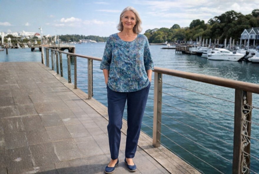 A woman modelling a casual blue patterned top and slacks on a pier with a river and boats behind her. 