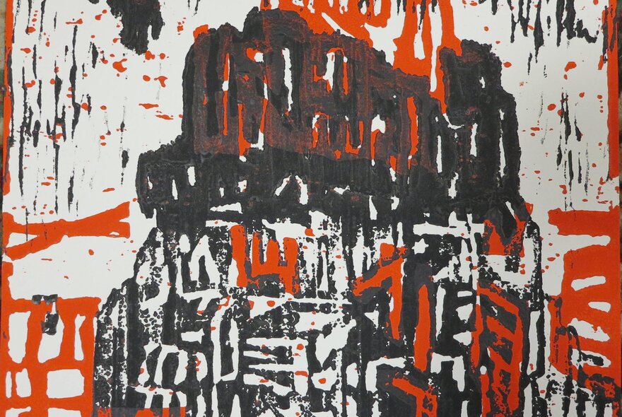 A black, red and white woodcut print of an indecipherable solid structure.