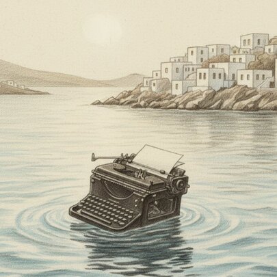 Illustration of an old-fashioned typewriter floating on the sea with the white buidings of a Greek island in the background.