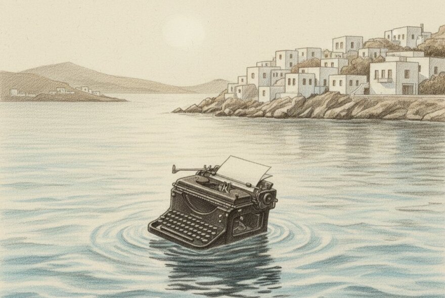 Illustration of an old-fashioned typewriter floating on the sea with the white buidings of a Greek island in the background.