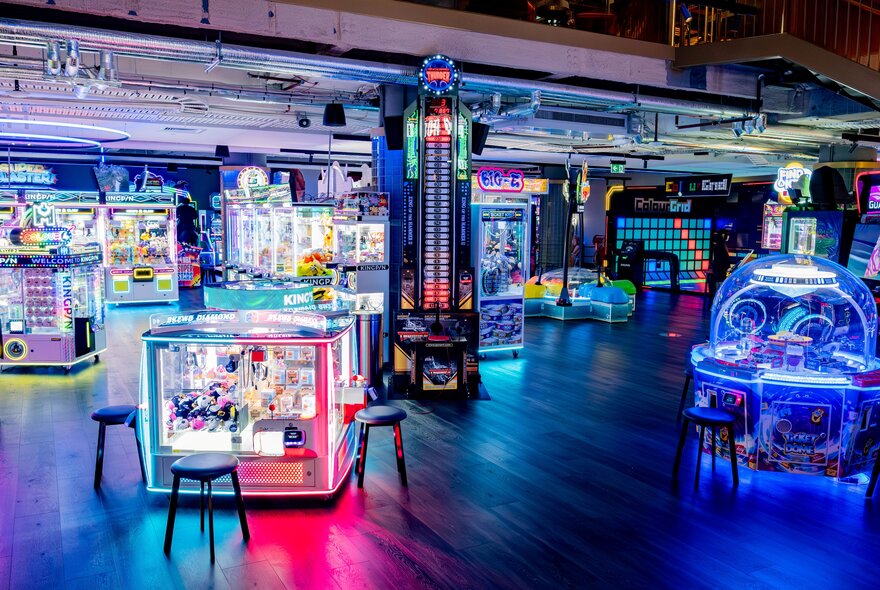 The indoor gaming area at Kingpin Collins Street, with various interactive amusements and arcade style games. 