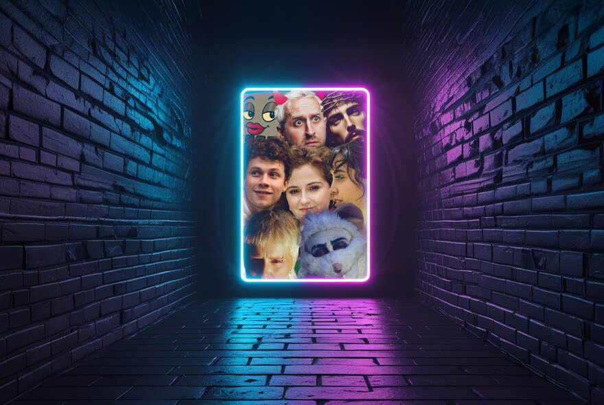 Image with multiple faces at the end of a fluoro-lit corridor.
