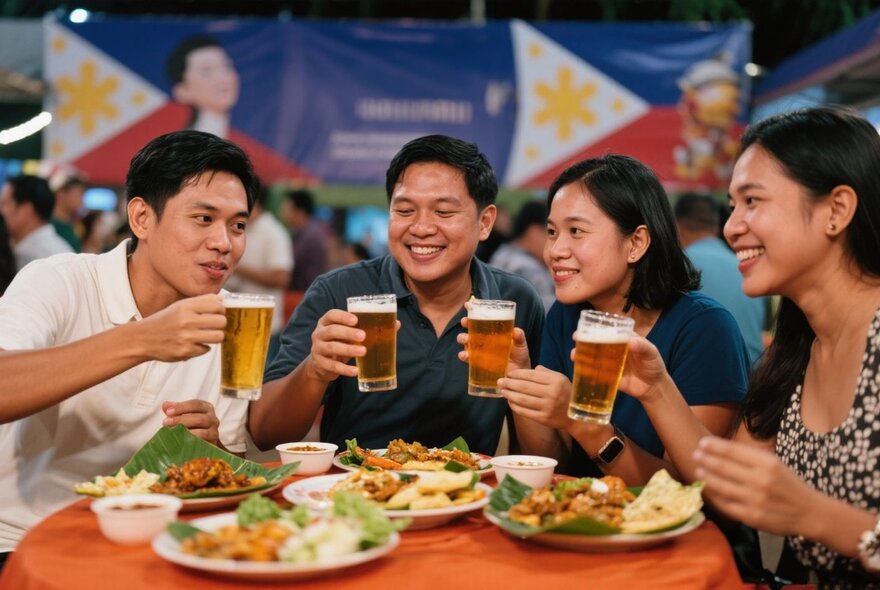 Four people happily enjoying a meal and four beers with Filipino flags in the background