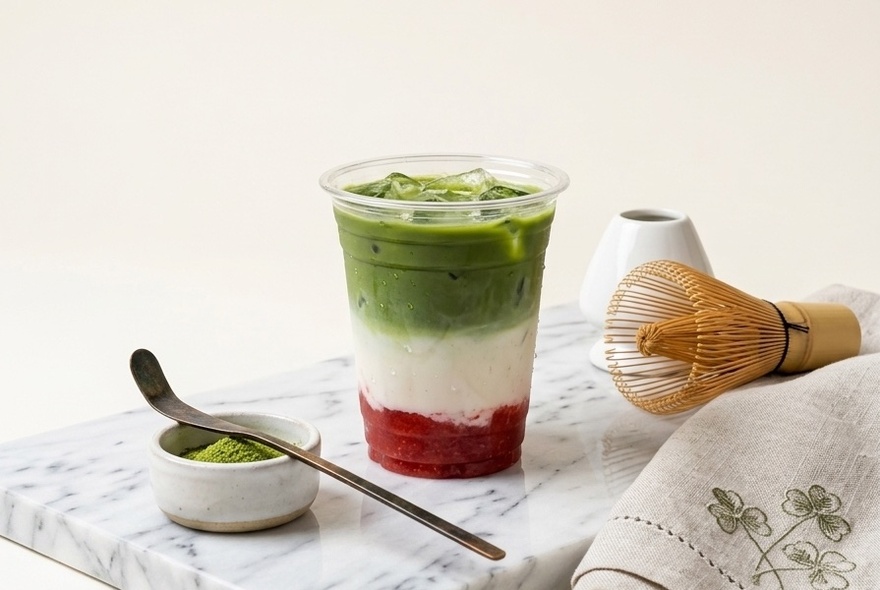 Matcha pudding with spoon and whisk.