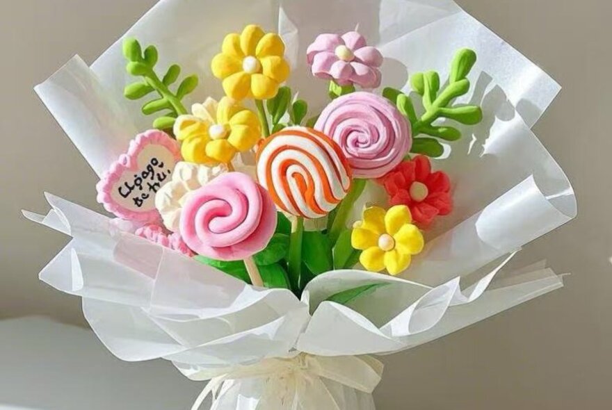 A bunch of bright colorful flowers made from clay polymer, wrapped in white tissue paper.