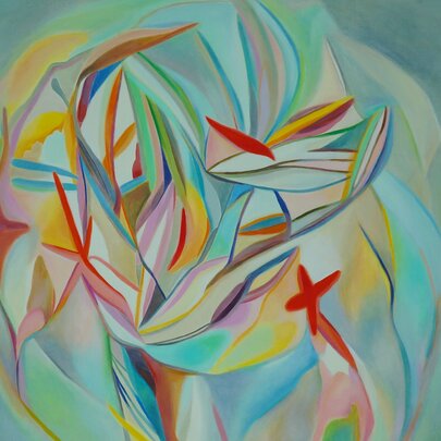 An abstract, colourful artwork featuring flower-like forms in a swirling blue background.