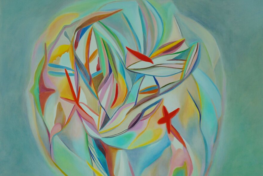 An abstract, colourful artwork featuring flower-like forms in a swirling blue background.