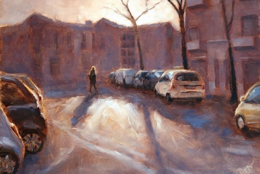 Painting of cars parked on a wide empty street with apartment buildings and bare winter trees.
