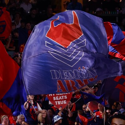 AFL football fans with large flags in the stands.