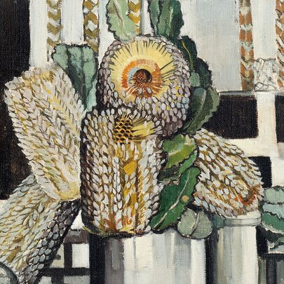 Artwork by Margaret Preston depicting Banksia flowers in a pot. 