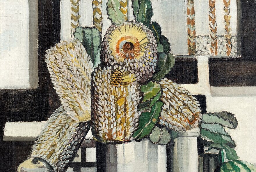 Artwork by Margaret Preston depicting Banksia flowers in a pot. 
