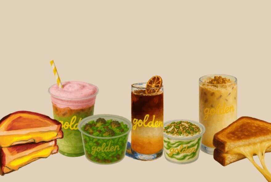 A line-up of food includin a melting toastie, matcha drink, coffee drinks and ice cream.