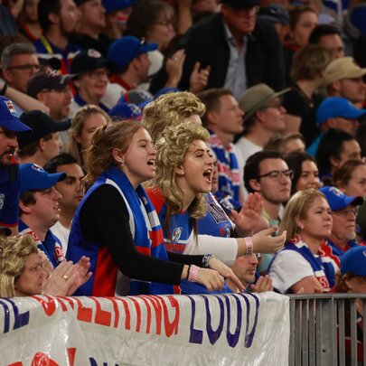 Western Bulldogs AFL fans in the stands during a match.