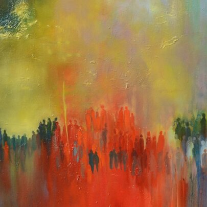 An expressive, semi-abstract oil painting featuring a vibrant crowd of figures in warm red, yellow, and cool blue tones against a glowing background.
