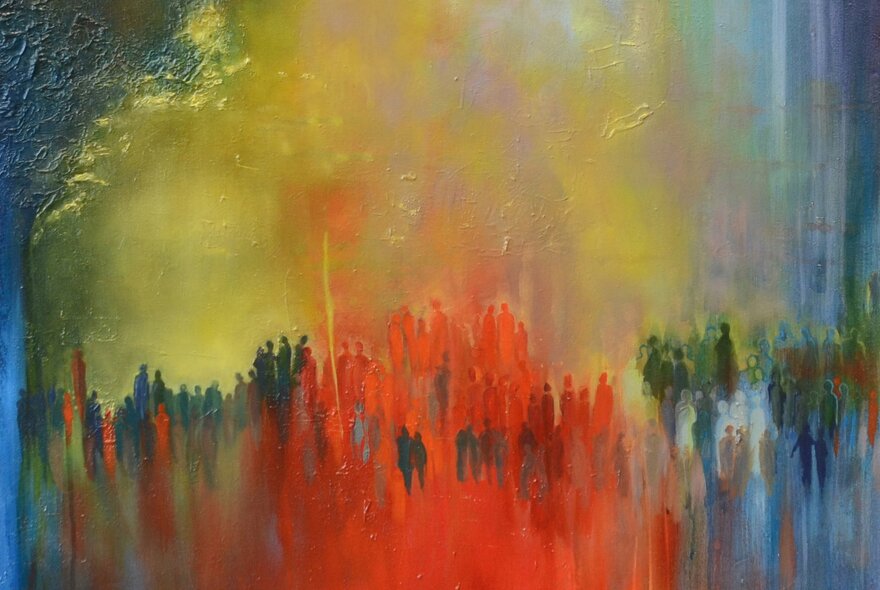 An expressive, semi-abstract oil painting featuring a vibrant crowd of figures in warm red, yellow, and cool blue tones against a glowing background.