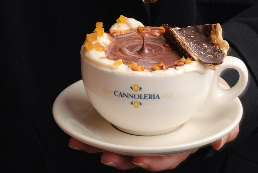 A hot chocolate in a mug with ricotta and chocolate.