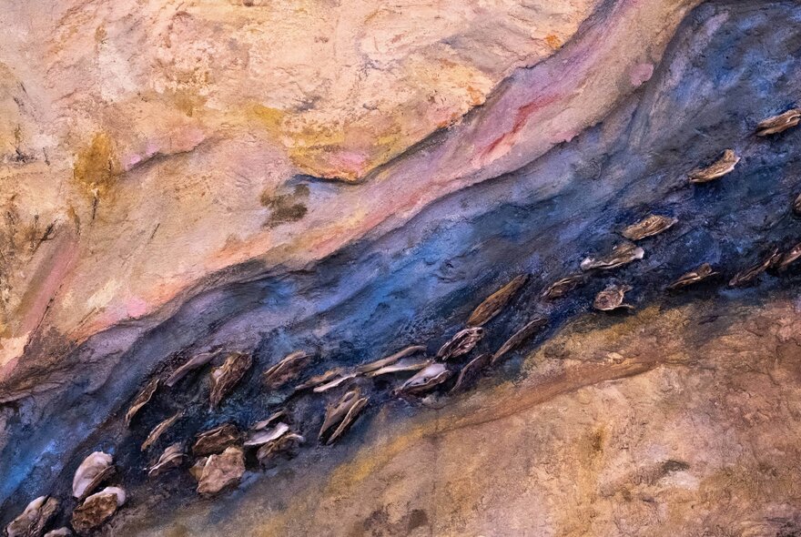 Detail of abstract artwork made from oyster shells in ochre and purple shades.