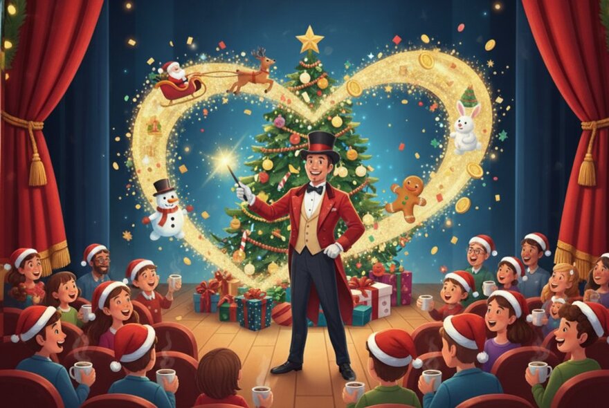 A colourful illustration of a magician standing in front of an audience all wearing Santa hats, a christmas tree behind him and a large golden heart aura.