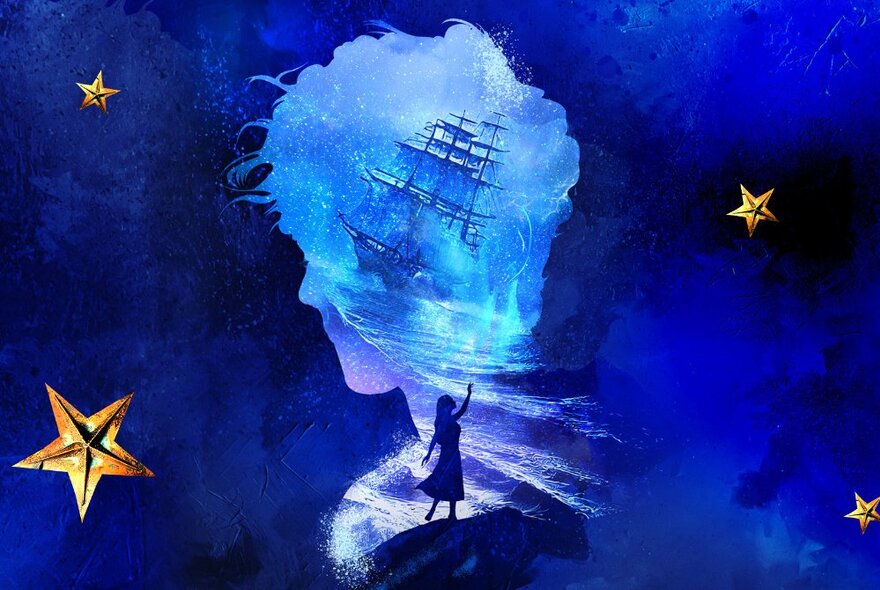 Silhouette of a girl reaching to the sky, shown inside the head of a boy with a ship and stars.