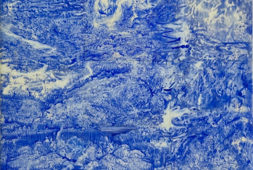 An abstract artwork featuring a highly textured, marbled pattern created with shades of deep blue and off-white. 