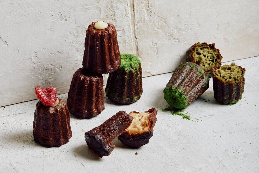 Assorted canelé on display.