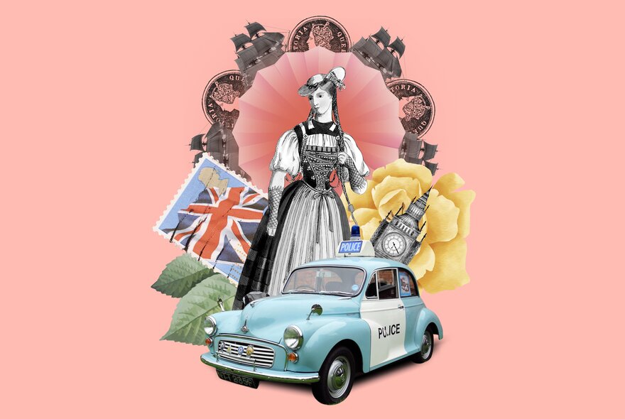 A pale pink image, in the centre are motifs from Gilbert and Sullivan musicals, including a Union Jack stamp, a clocktower, a police car, a yellow flower, and a woman in a dress with a tight bodice.