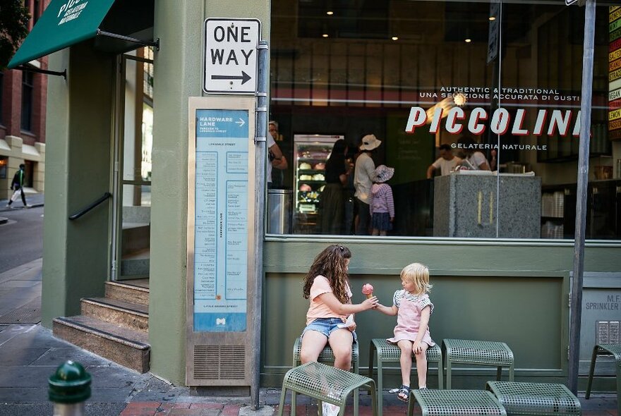 Kids with ice-cream outside Piccolina gelati cafe.