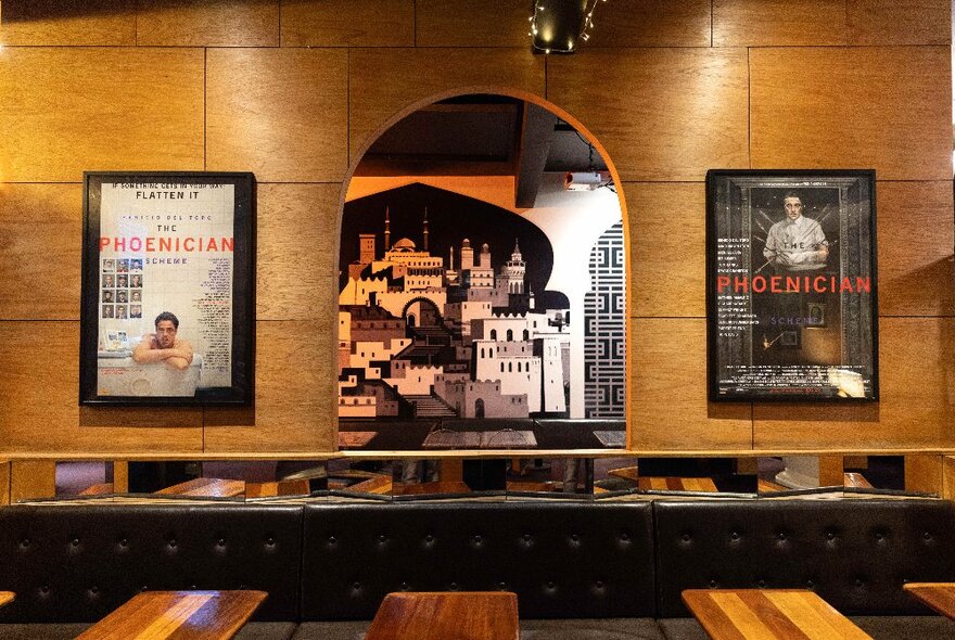 The bar at Cinema Nova with decorations inspired by Wes Anderson’s latest film, 'The Phoenician Scheme'.