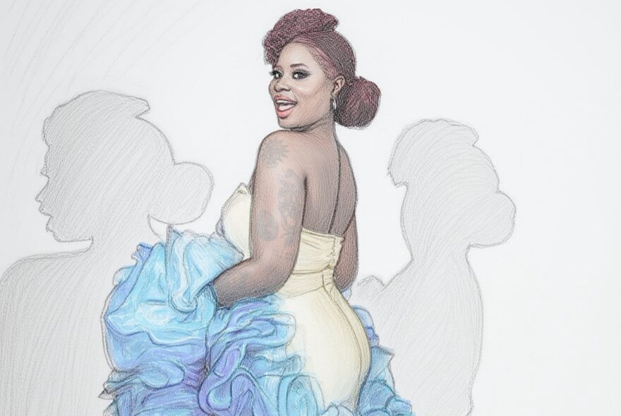 An illustration of a woman wearing a strapless gown, with blue ruffled fabric resting over her arms, she is posed side on with her head turned to the viewer.