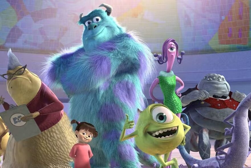 A still showing the characters from the animated film Moncters Inc., including Sulley, Mike Wazowski and Boo.
