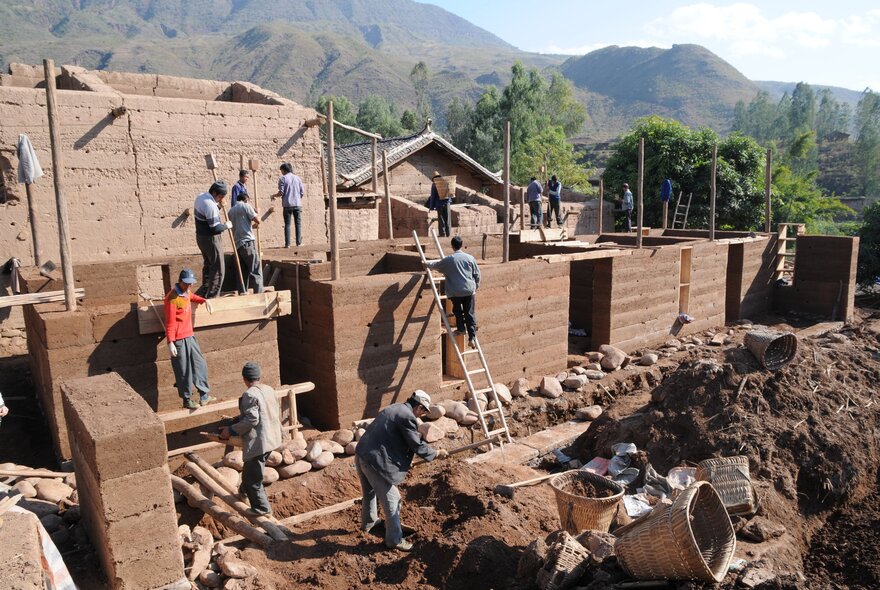 A building site in South East Asia using mudbricks.