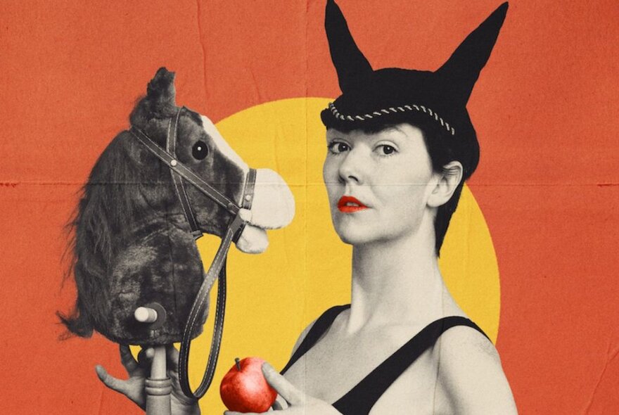 A woman wearing a hat that looks like horse ears, holding an apple and a hobby horse, in front of an orange background with yellow circle.